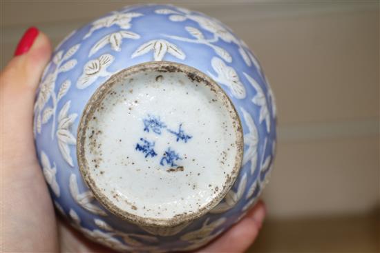 A Chinese ink box and cover and two small vases tallest 15cm